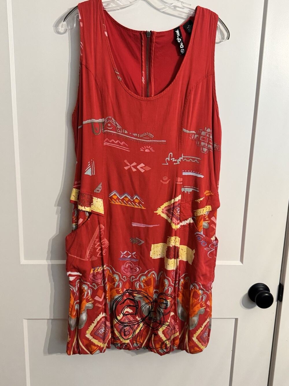 Desigual red tank dress with colorful design on bottom Sz 46 Artsy Gorpcore Fun